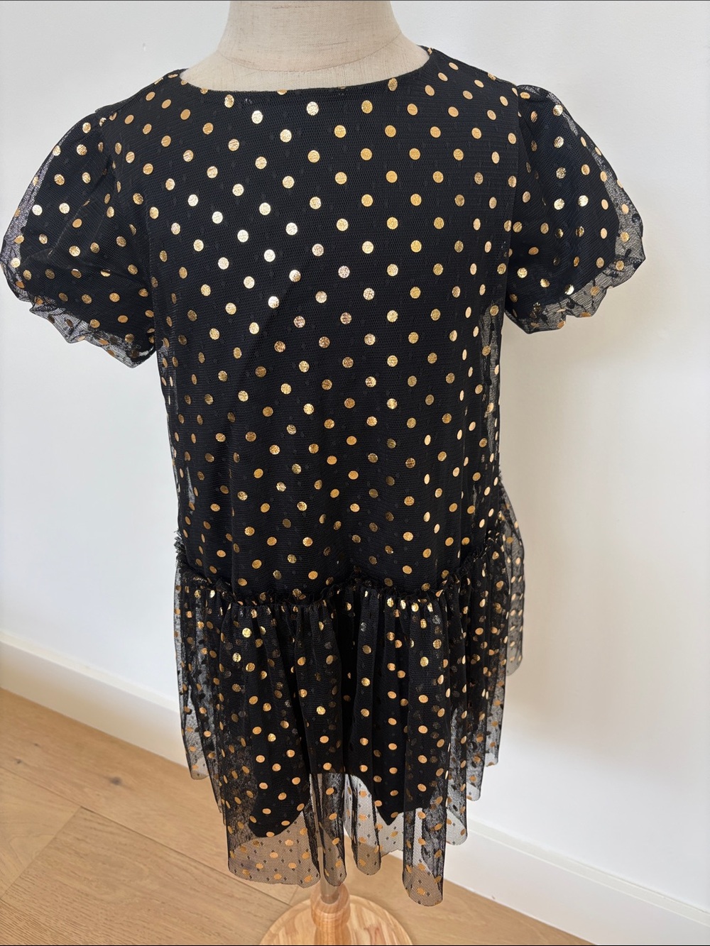 Crewcuts Black Dress with Gold Polka Dot Tulle